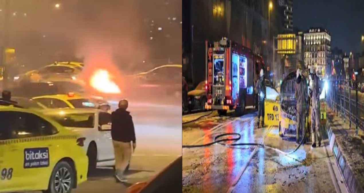 Beyoğlu’nda taksi yandı: 3 yolcu son anda kurtuldu